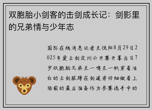 双胞胎小剑客的击剑成长记：剑影里的兄弟情与少年志