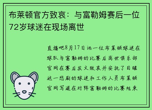 布莱顿官方致哀：与富勒姆赛后一位72岁球迷在现场离世